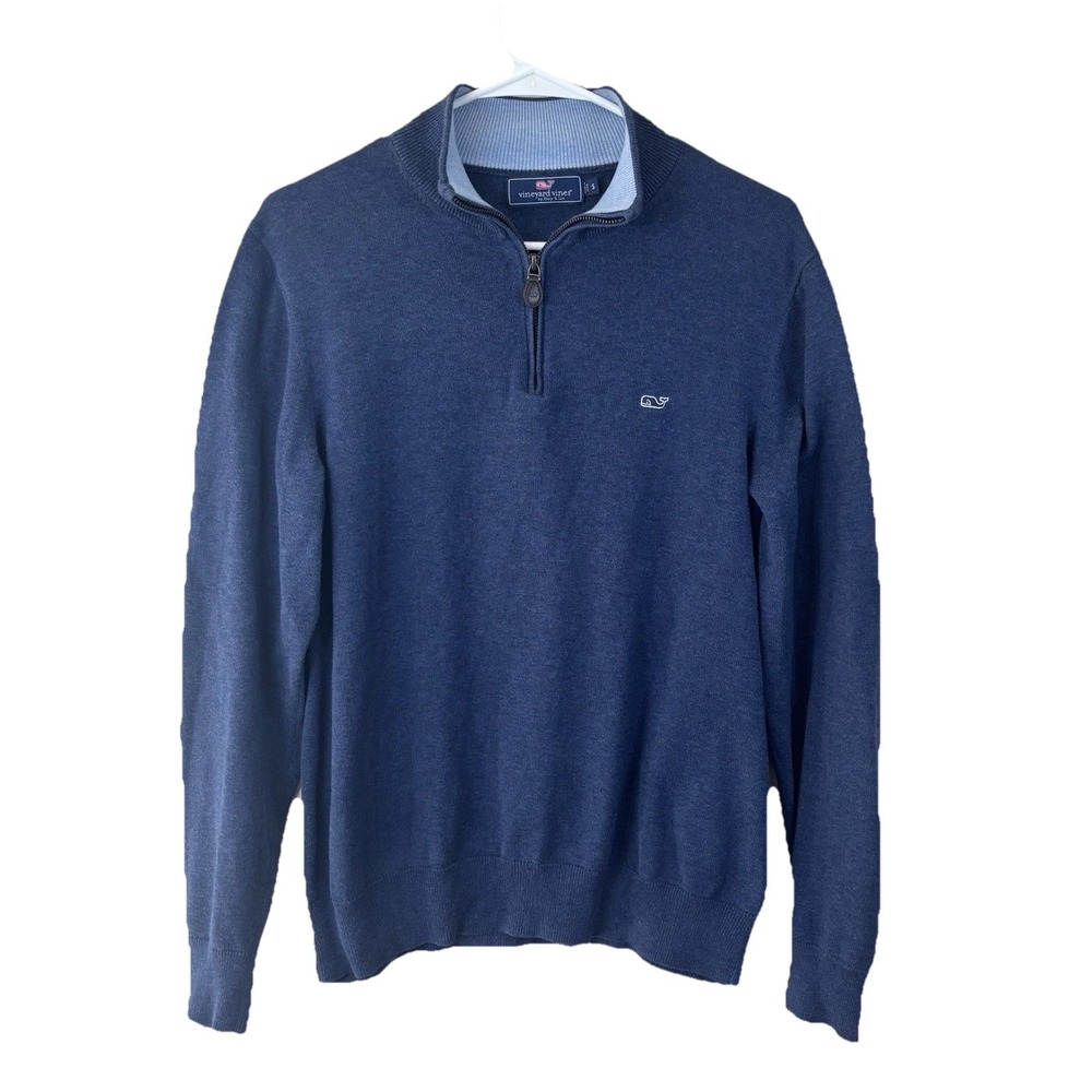 Vineyard Vines Sweater Mens Large L Blue 1/4 Zip Pullover Whale Logo Preppy Golf